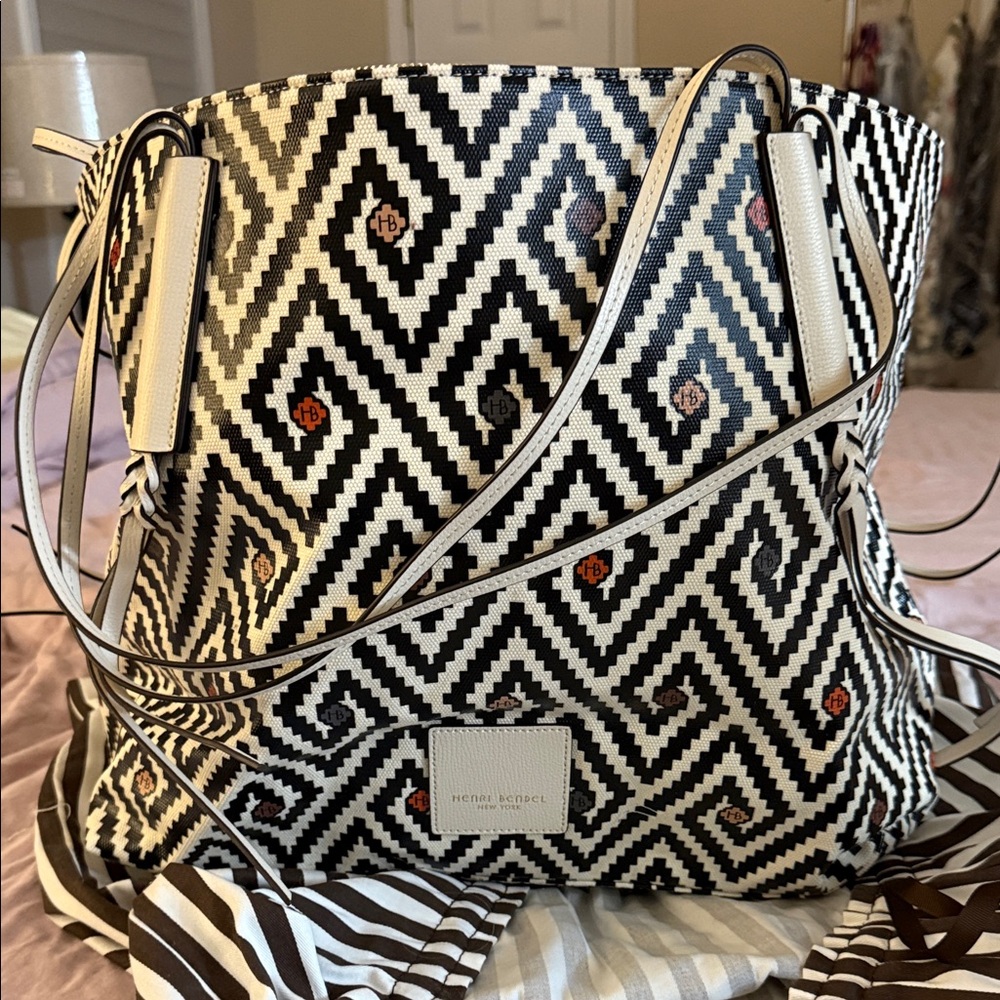Iconic Henri Bendel Patterned Black and White Tote Bag
